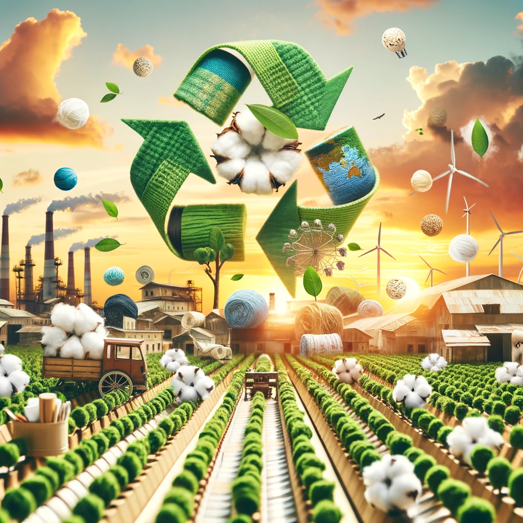 Sustainability in Custom Textiles: Eco-friendly textiles or sustainable textile production process, including organic cotton fields or recycled textiles being processed.